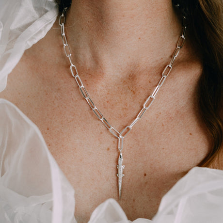 Handmade silver alligator necklace, bold Love Bites statement jewelry by Carolinne B