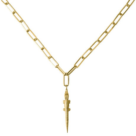 A gold-plated sterling silver necklace featuring an alligator pendant. fearless love motif, Carolinne B