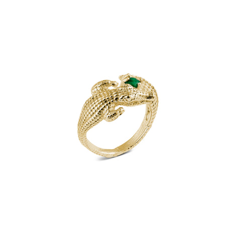 An 18k gold plated ring with an alligator design wrapped around the finger, set with a green emerald.