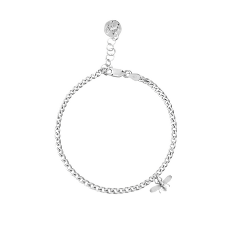 Silver bracelet with a bee charm on a white background