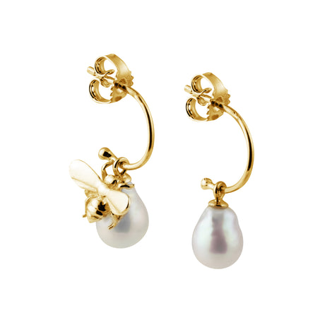 Gold hoop earrings with pearl drops and a bee. mixed pearl earrings by Carolinne B- Handcrafted in Stockholm
