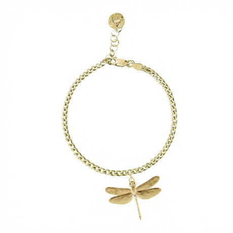Gold bracelet with a dragonfly charm on a white background