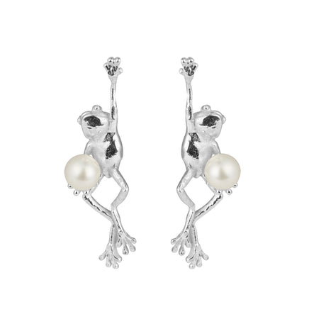Handmade silver frog earrings, whimsical One Kiss Away statement jewelry by Carolinne B