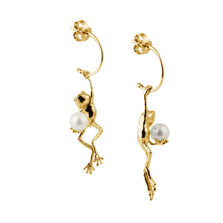 Close-up of gold plated frog hoops showing intricate design, One Kiss Away collection