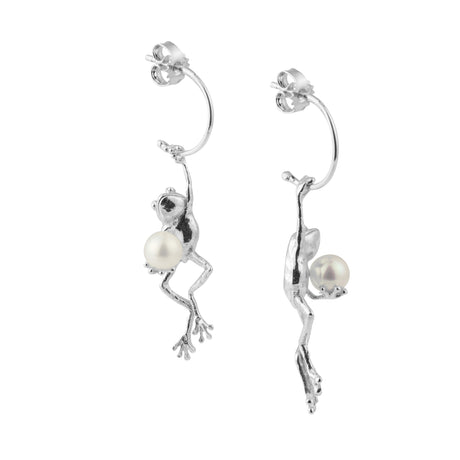 Handmade silver frog earrings, bold. One Kiss Away collection jewelry by Carolinne B