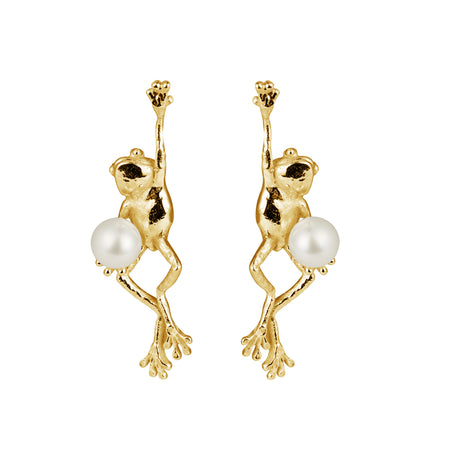 Handmade  gold frog earrings, whimsical One Kiss Away statement jewelry by Carolinne B