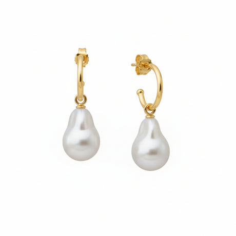 Gold hoop earrings with white pearl drops