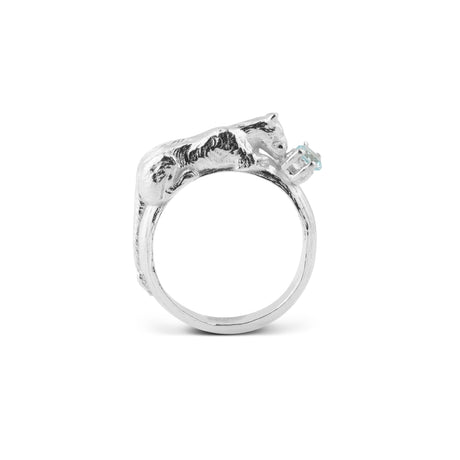 Lioness Ring with aquamarine, handcrafted animal-inspired statement ring – Carolinne B, Made in Stockholm