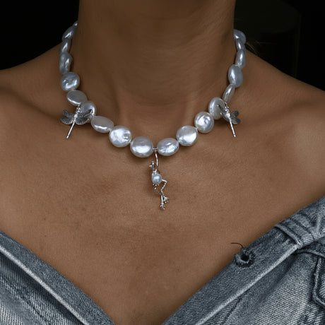 Handmade silver frog pendant and dragonflies necklace with pearls, One Kiss Away collection by Carolinne B