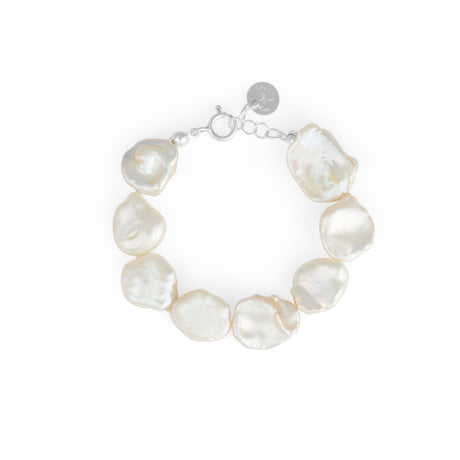Handmade silver, pearl bracelet, whimsical One Kiss Away statement jewelry by Carolinne B