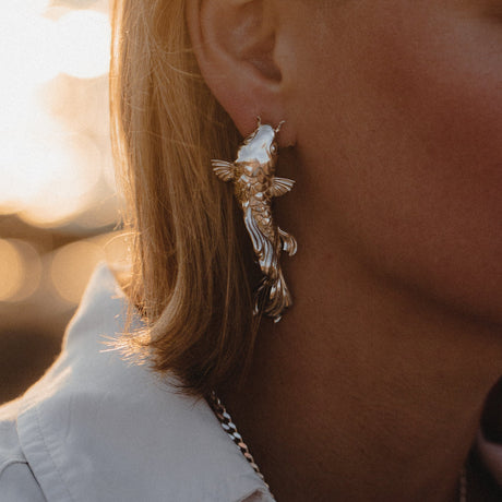 Big Koi Fish Earrings in silver , handcrafted bold statement jewelry – Drifter Collection by Carolinne B, Made in Stockholm
