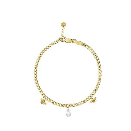 A gold-plated silver necklace with two bee charms and a freshwater pearl accent, 
Handcrafted By Carolinne B jewelry