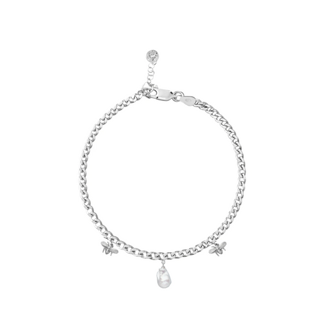 A silver necklace with two bee charms and a pearl drop, crafted from solid silver and shown on a white background.