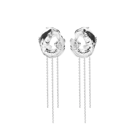 Round Koi Fish Drop Earrings in silver, styled on model – bold, sculptural aquatic-inspired statement jewelry from Drifter Collection by Carolinne B, Made in Stockholm