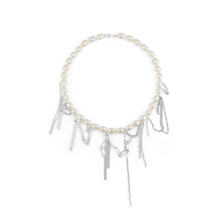 Necklace with pearls and silver pendants on a white background