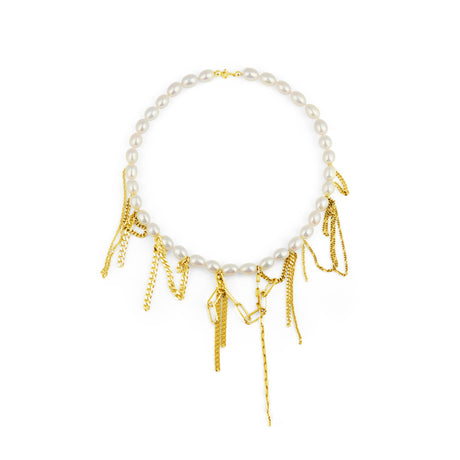 Necklace with gold fringe and pearls.  Tangled Pearl Necklace clashes silver chains with glowing pearls.