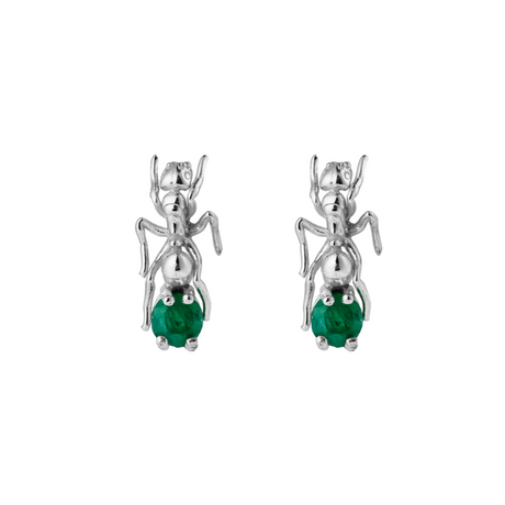 A pair of silver ant earrings with green emerald gemstones, whimsical nature-inspired jewelry by Carolinne B