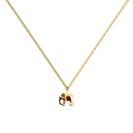 A small elephant-shaped pendant necklace in 18K gold, attached to a delicate gold chain.