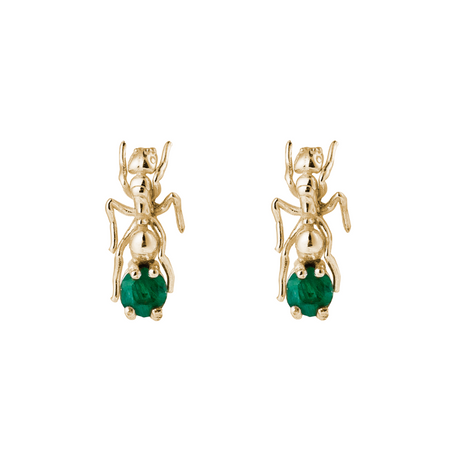 A pair of 18k gold-plated ant earrings with emerald stones, handmade in Stockholm.