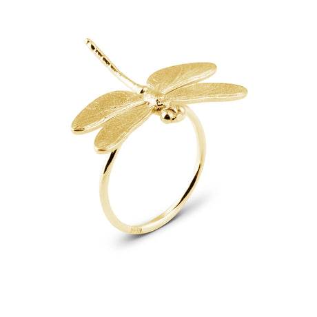 Close-up gold dragonfly ring showing detailed wings, Dragonfly collection