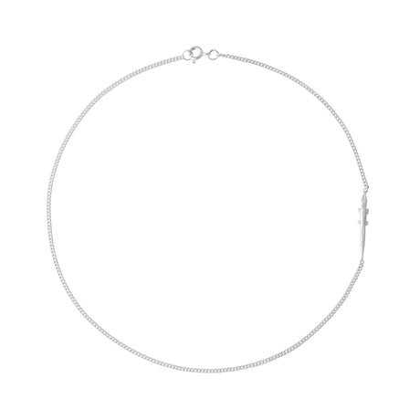 A sterling silver necklace with a small alligator-shaped pendant, approximately 1 cm in diameter, on a white background.