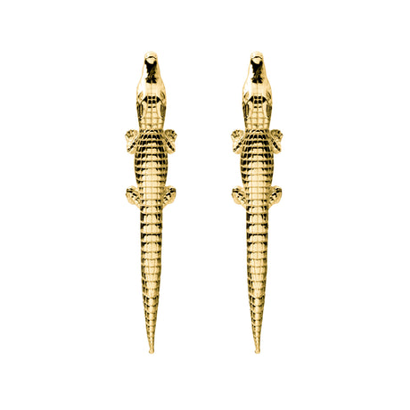 A pair of gold-plated silver earrings designed to resemble alligators, with a textured surface and a crocodile-like pattern on the mouth.
