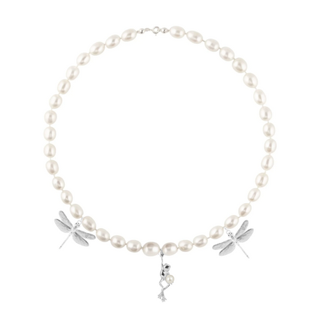 Close-up of frog and dragonflies pendant with pearls, handcrafted One Kiss Away jewelry
