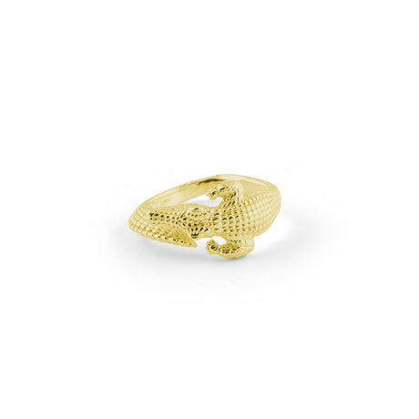 An 18K gold ring with an alligator design wrapped around the finger, featuring a textured pattern. fine jewelry
