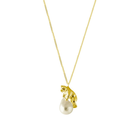 Detail of Bear Pearl Necklace, handcrafted Scandinavian animal jewelry, statement necklace by Carolinne B