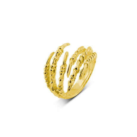 An 18K gold plated ring with a sharp, edgy design, featuring an open band with textured details.