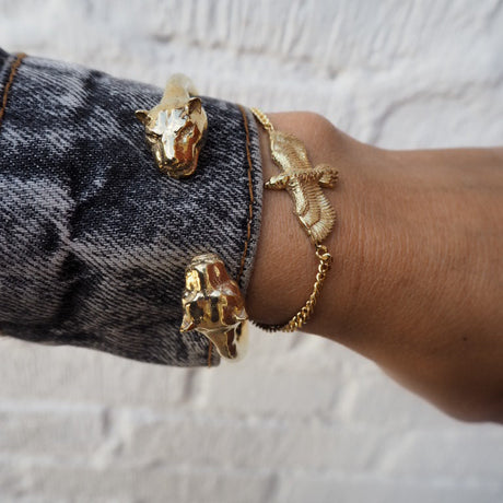 Model wearing Raven Bracelet, luxury Swedish jewelry, Scandinavian animal-inspired statement bracelet by Carolinne B