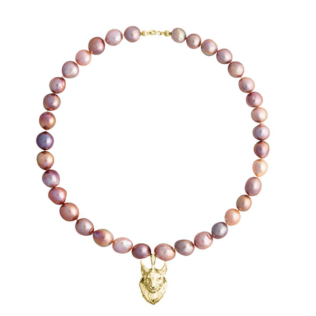 Purple pearls detail on Lynx Pearl Necklace, handmade Scandinavian animal jewelry, statement necklace by Carolinne B