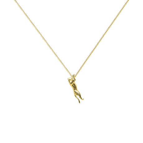 Close-up of Lioness Necklace in 18K gold, sculptural lioness design, handcrafted in Stockholm – Carolinne B