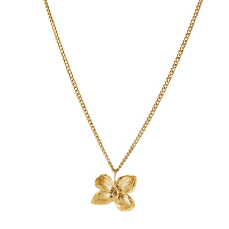 An 18K gold-plated necklace with a solid silver (925) chain and a molded and casted lilac flower pendant.