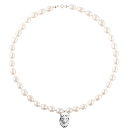 Lynx Pearl Necklace with white pearls, luxury Stockholm jewelry, Scandinavian animal jewelry, handmade by Carolinne B