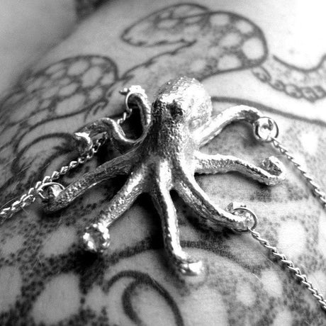 Close-up of a silver bracelet with an octopus charm on a person's wrist.