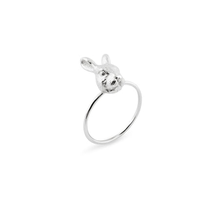A silver ring with a playful bunny design, crafted from solid silver with a polished finish.