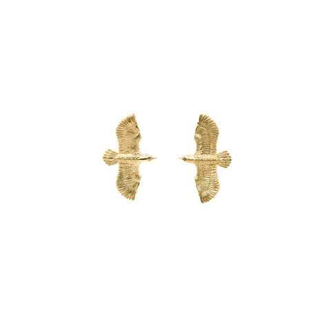 A pair of 18 k gold plated on solid silver raven earrings with intricate detailing, depicting ravens in flight.