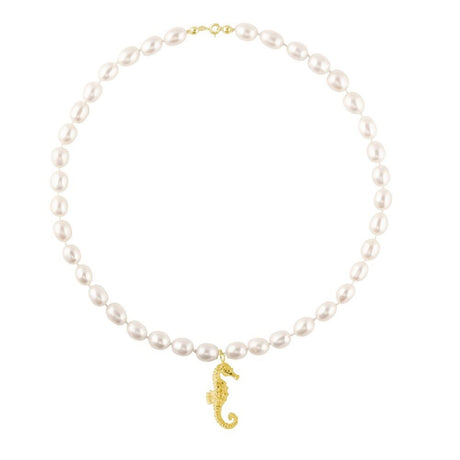 A necklace with lustrous freshwater pearls and an 18k gold-plated seahorse pendant.