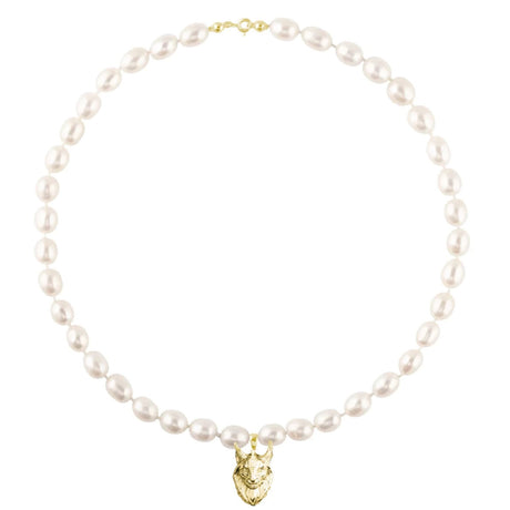 White pearls detail on Lynx Pearl Necklace, handmade Scandinavian animal jewelry, statement necklace by Carolinne B