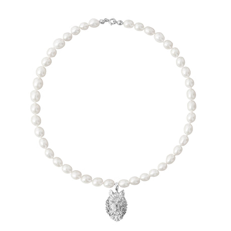 Wolf Pearl Necklace with white pearls, luxury Stockholm jewelry, Scandinavian animal jewelry, handmade by Carolinne B