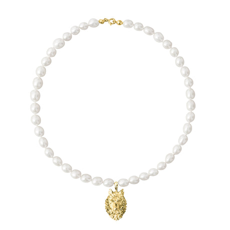 White pearls detail on Wolf Pearl Necklace, handcrafted Scandinavian animal jewelry, statement necklace by Carolinne B