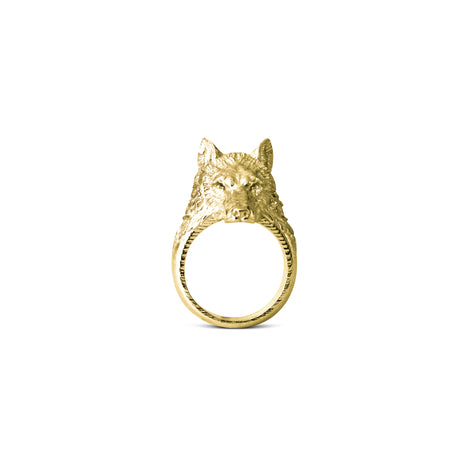 An 18K gold plated ring with a sculpted wolf head design, part of the Up North Collection.