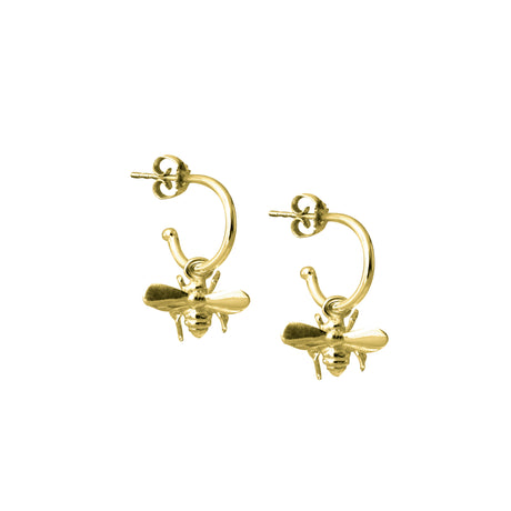 A pair of 18k gold-plated silver hoop earrings with a bee design attached to the hoop.