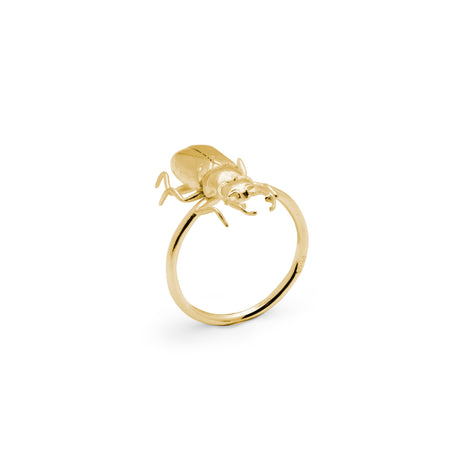 A gold-colored beetle ring with a polished finish, crafted from silver with 18K gold plating, displayed against a white background.