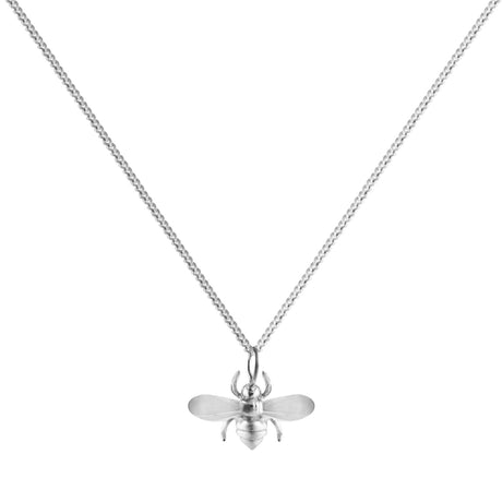 A silver necklace featuring a small bee pendant on a chain. Little Icons of nature. Handcrafted in sweden