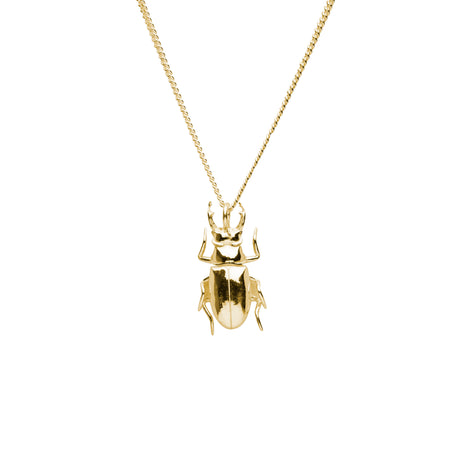 A gold-colored beetle necklace with a fine chain, crafted from 18K gold plating on solid silver, displayed against a white background.