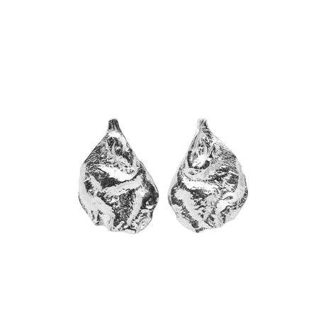A pair of silver earrings shaped like rose petals, with a textured surface and a drop-shaped design.